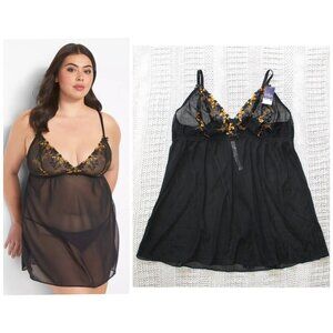 NWT Cacique Embroidered Black & Gold Babydoll 22/24Two Pieces Sheer Sexy Straps